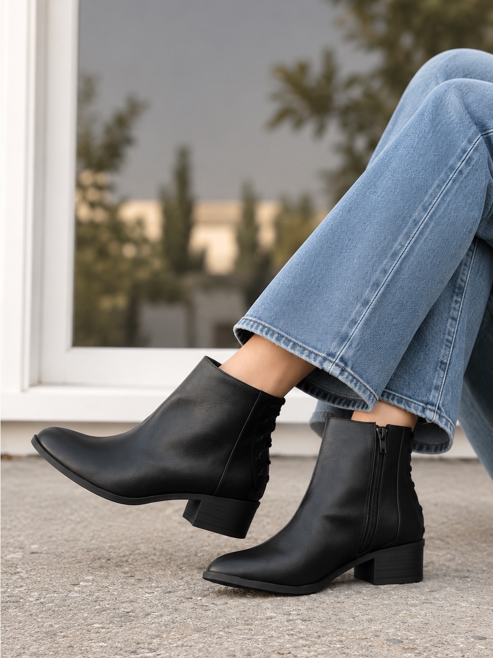 Black leather ankle booties lace design boots